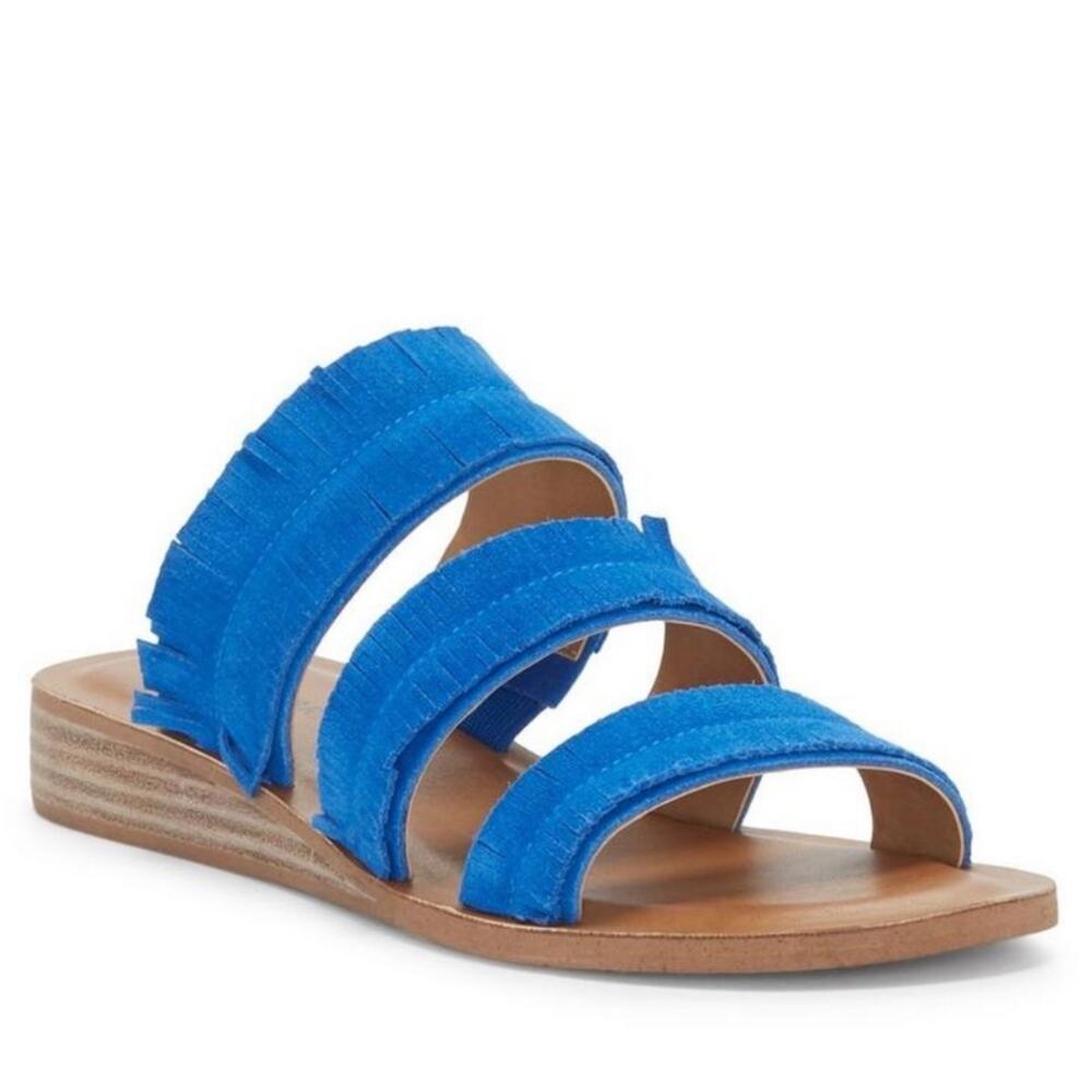 Lucky Brand Women's NIB Hegan Blue Suede Fringe Slide Flat Sandal 9.5 NEW